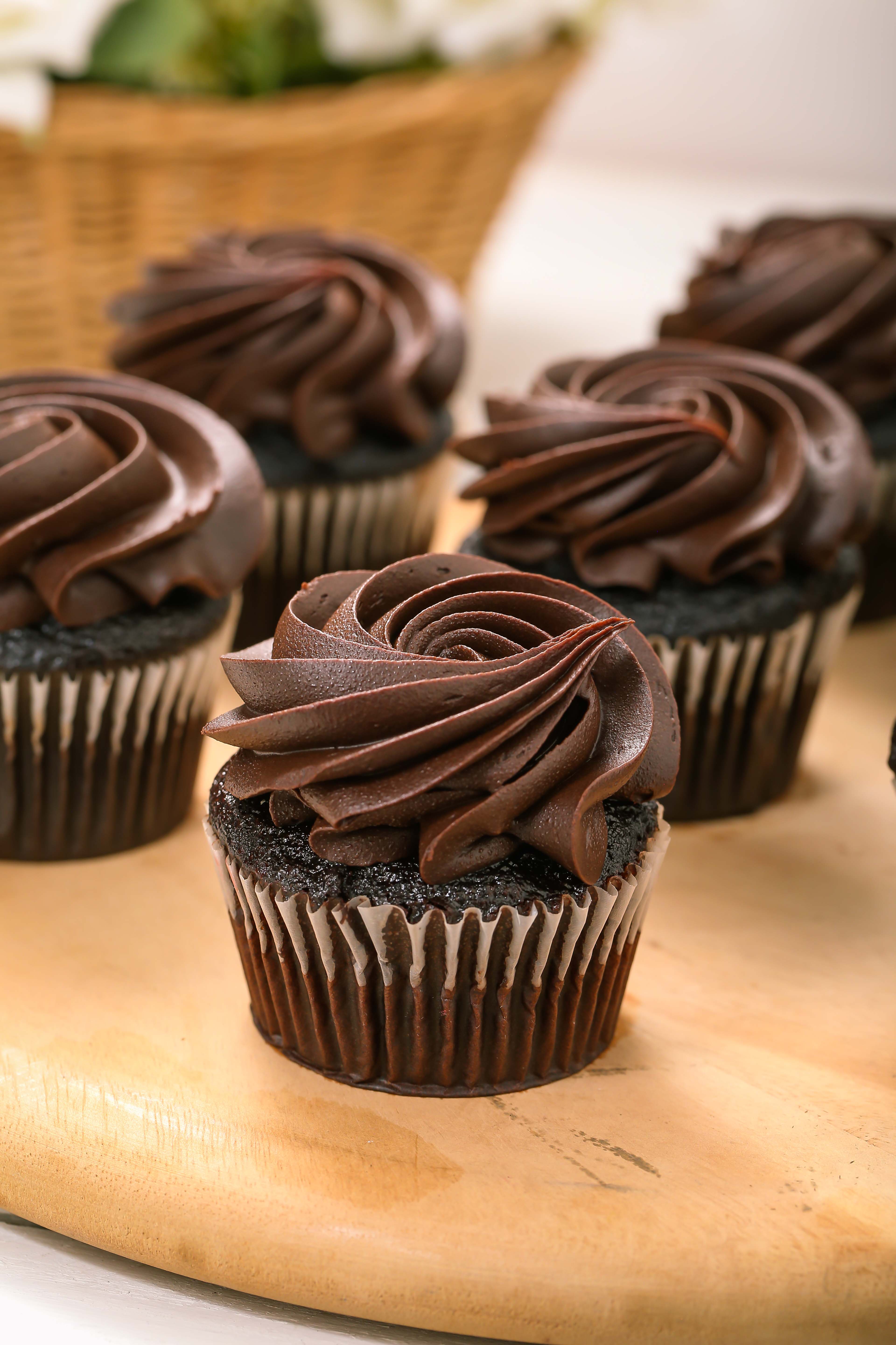 Chocolate cupcakes with rich chocolate frosting swirl